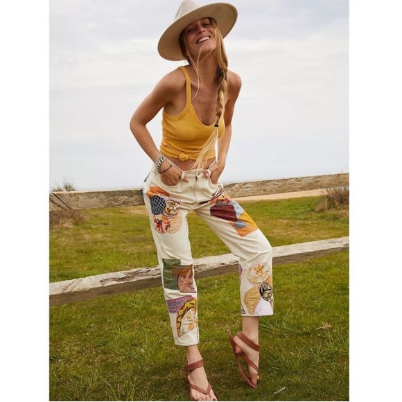 Free People Sunnies Patched Boyfriend Jeans Ivory Size 26 - Picture 2 of 12